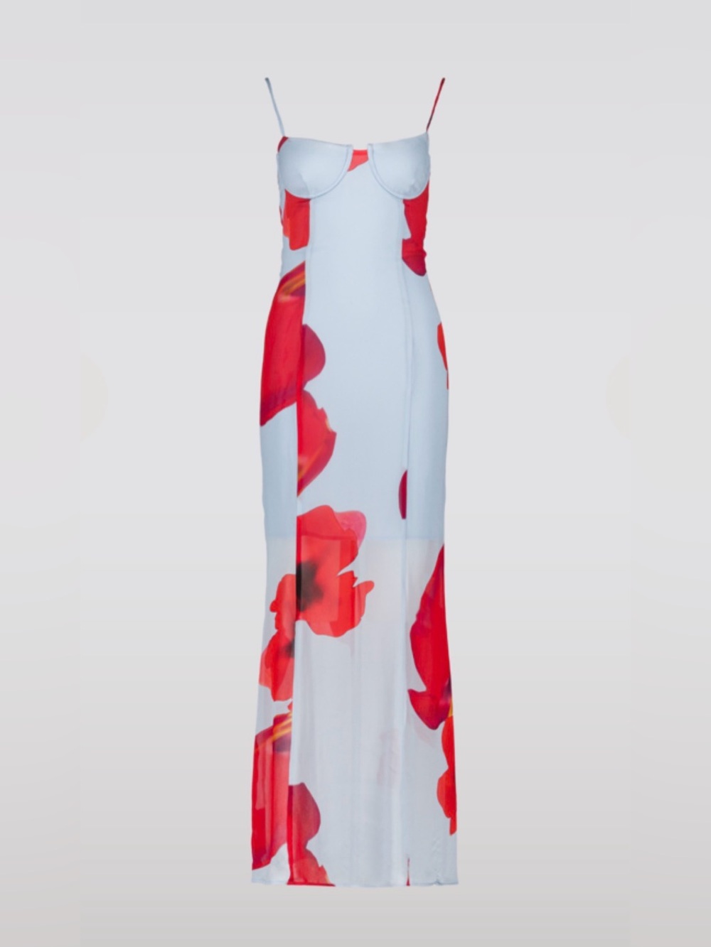 SAEMDI Bra Maxi Dress Light Blue Spaghetti-Strap with Red Floral Print